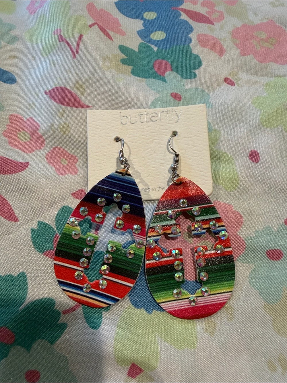 Butterfly Brand Multicolor Striped Teardrop Earrings with Rhinestone Cross